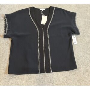 Joie Maelie Womens Size S Black V-Neck Top w/‎ White Zigzag Stitching Boho NWTD